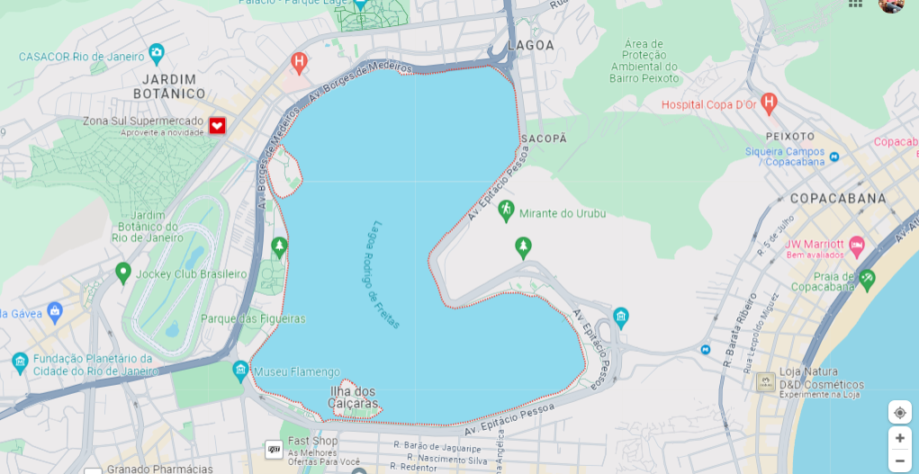 Lagoa Rodrigo de Freitas: O Paraíso Escondido do Rio de Janeiro 3 Imagem do google maps mostrando a lagoa Rodrigo de Freitas.