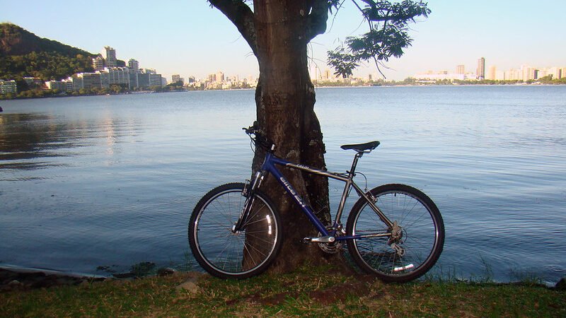 Lagoa Rodrigo de Freitas: O Paraíso Escondido do Rio de Janeiro 5 Bike azul encostada na árvore ao lado da Lagoa Rodrigo de Freitas no Rio de Janeiro.