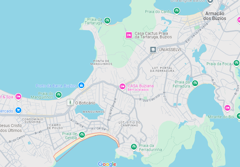 Praia de Geribá em Búzios: Onde Ficar e o que Fazer 3 Imagem do google maps de Búzios, mostrando a praia Geribá.