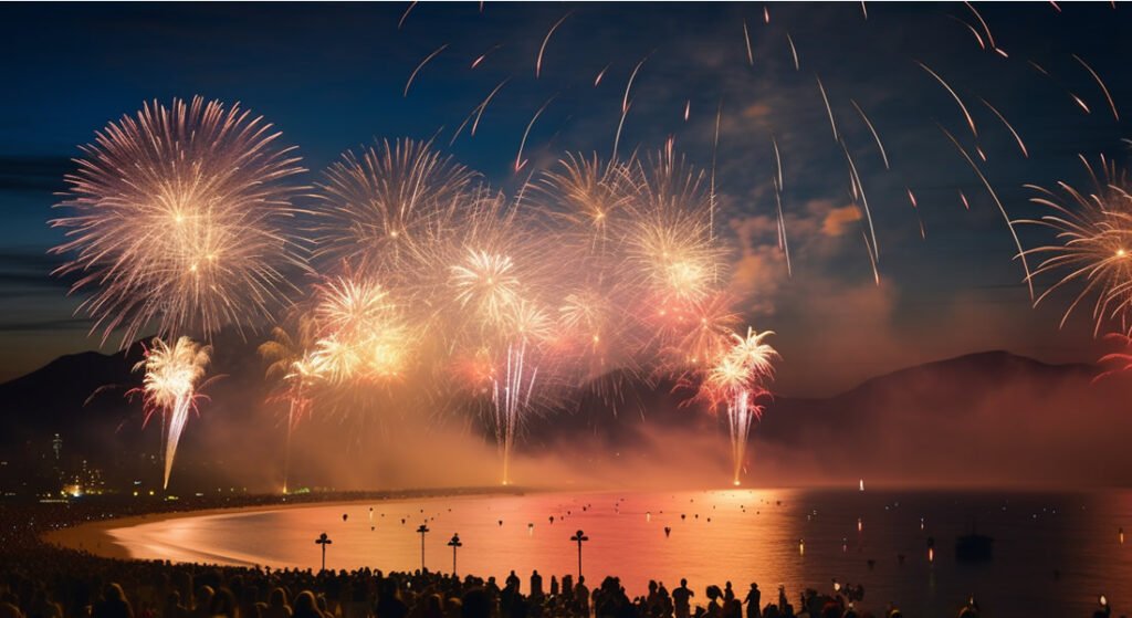 Tudo Sobre o Réveillon 2025 no Cristo Redentor: Pacotes, Atrações e Acessos 2 Fogos de artifícios nos céus do Rio, noite de ano novo.