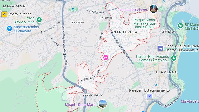 O Que Fazer em Santa Teresa: Dicas Imperdíveis no Rio de Janeiro 1 Foto google maps - marcado em vermelho, Santa Teresa.