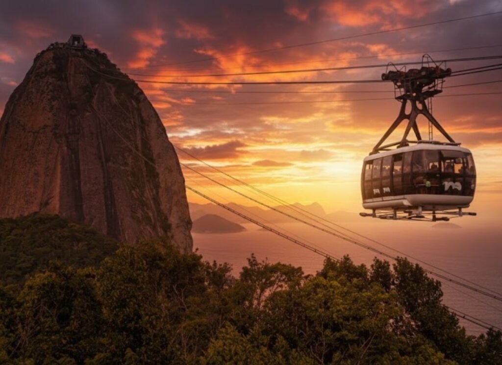 Bondinho do Pão de Açúcar: Guia Completo 3 Foto do Bondinho com por do sol ao fundo.